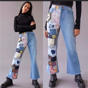 BDG Light Blue Patchwork Flare Jeans with Multicolor Embroidery. Size 27